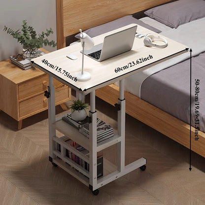 Height Adjustable Rolling Laptop Table with 4 Wheels & Dual Shelves – Mobile Workstation Desk for Bedside Dorm Office Living Room, Sturdy Steel Frame Space-Saving Design