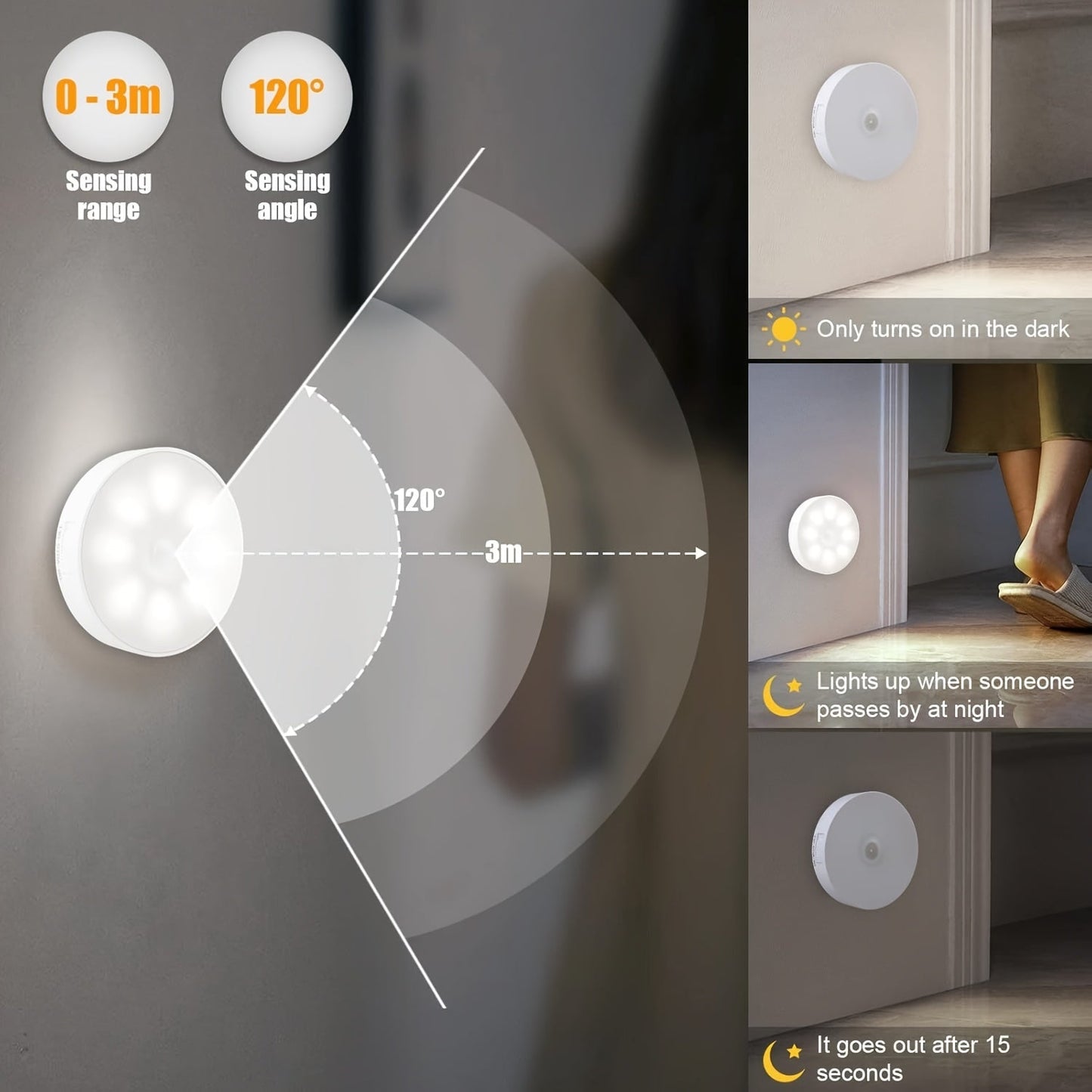 LED Motion Sensor Night Lights USB Rechargeable Wireless Dual Mode Adjustable Brightness Magnetic Mount – Under Cabinet Kitchen Hallway Stairs Closet 6 or 12 Pack