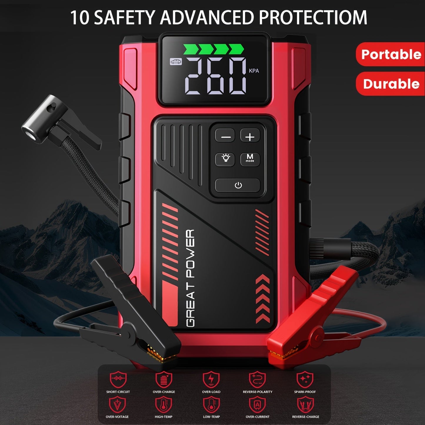 9-in-1 Portable Jump Starter with Air Compressor for 12V Car Up to 8.0L Gas 6.5L Diesel – Battery Booster Pack with Tire Inflator, USB Power Bank, LED Emergency Light & Roadside Kit