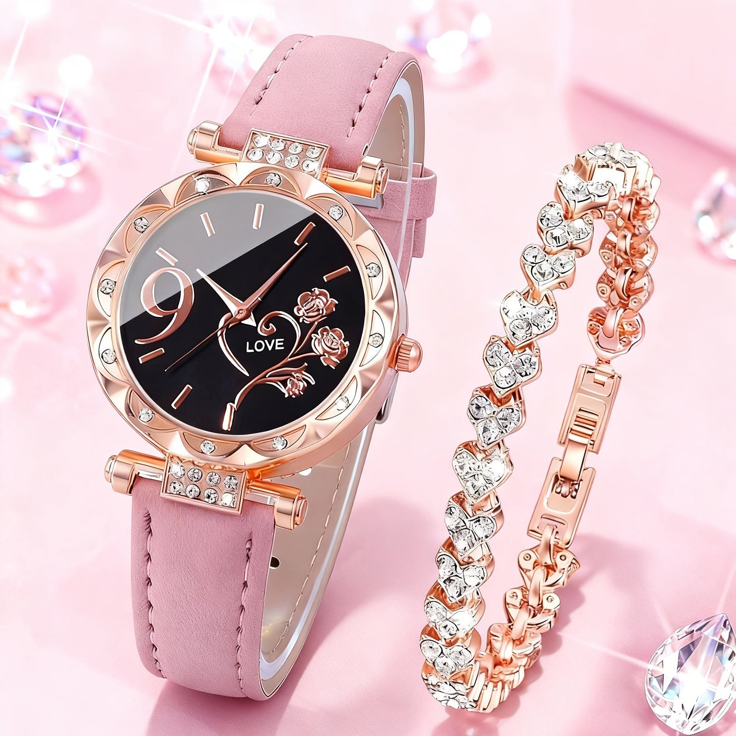 Rhinestone Heart Watch Set for Women – 2 Quartz Watches with Faux Leather Strap, Rose Gold & Pink Bracelet Wristwatch Gift Set for Valentine's Day, Birthdays & Parties
