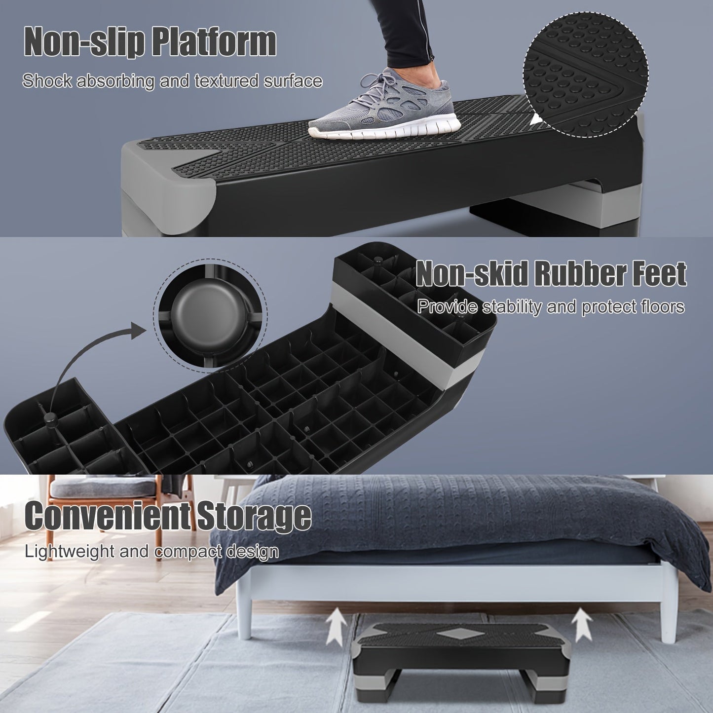 Adjustable Aerobic Step Platform – 3 Height Settings (4"/6"/8"), Non-Slip Workout Stepper for Home Gym Cardio Training, Step Aerobics Exercise Board (6 Colors)