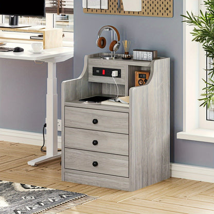 Nightstand with Charging Station – 2 USB Ports & 2 Outlets, Hutch & 3 Drawers, Bedroom End Table, Sofa Side Table for Living Room & Office, Gray or White