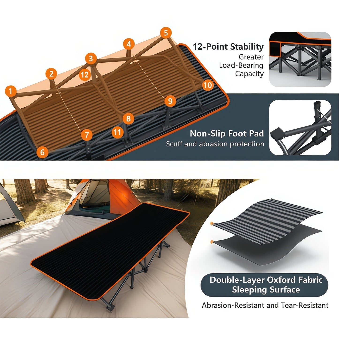 Heavy Duty Folding Bed with Optional Mattress up to 630 LBS – Portable Camping Cot with Multi-Leg Support, Side Pockets & Pillow, 59–77 Inch All Season Guest Napping Bed Space Saving