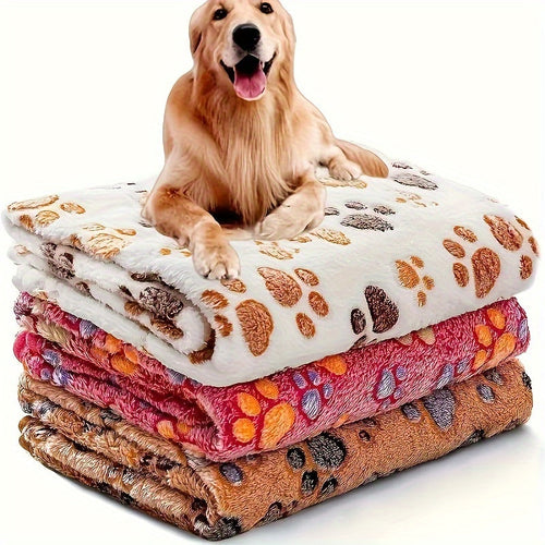 Soft Coral Fleece Pet Blankets for Dogs and Cats 3-Pack - 100% Polyester Paw Print Design Machine Washable, All-Season Throw Blanket for Small Medium Large Breeds, Cozy Pet Bed Cover