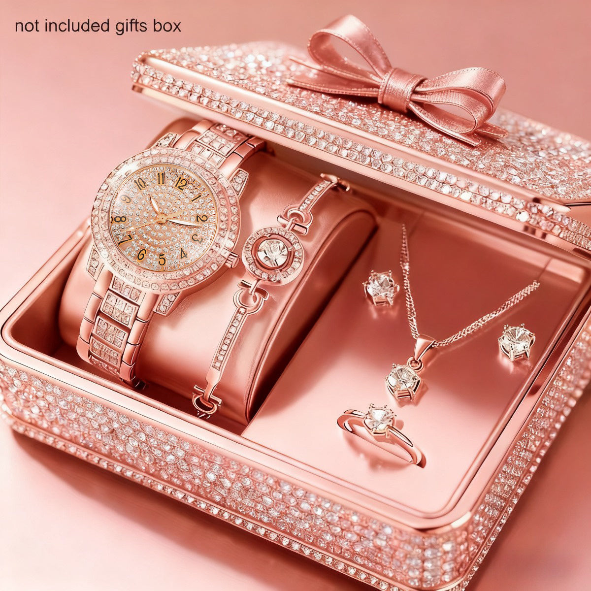 Women's Watch & Jewelry Set 6 Pieces - Elegant Ladies Watch with Bracelet Necklace Earrings & Ring, Luxury Fashion Jewelry Set for Women, Valentine's Day Birthday Anniversary Gift