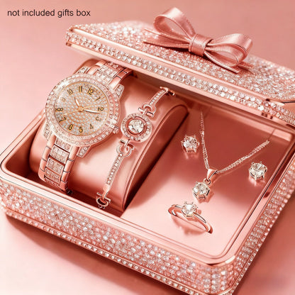 Women's Watch & Jewelry Set 6 Pieces - Elegant Ladies Watch with Bracelet Necklace Earrings & Ring, Luxury Fashion Jewelry Set for Women, Valentine's Day Birthday Anniversary Gift