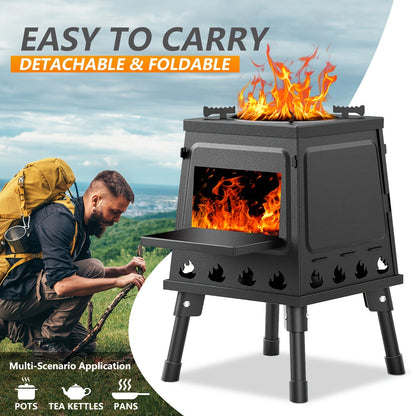 Wood Burning Camp Stove Portable Folding Outdoor Camping Stove Lightweight Compact Backpacking Hiking Survival Cooking Stove with Wood Fuel No Gas Needed Black
