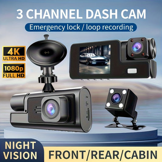 3 Channel Dash Cam 4K Front + 4K Interior + 1080P Rear with Free 32GB Card, Night Vision, G-Sensor, Wide Angle, Real-Time Recording & Parking Monitor – Velora