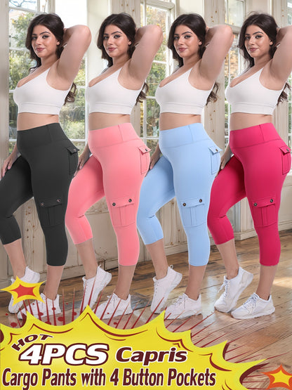 Women's High Waist Yoga Capri Pants 4-Pack 4-Way Stretch Butt Lifting Tummy Control 4 Pockets - Workout Running Sports Leggings S-XXL All Season