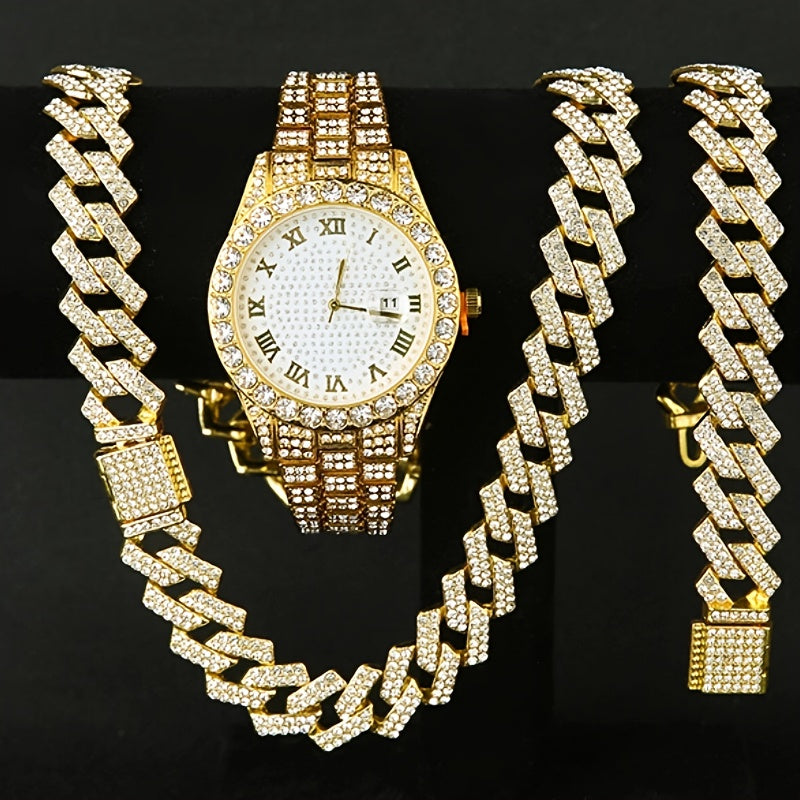 Men's Hip Hop Rhinestone Bling Watch Set with Waterfall Chain Bracelet & Necklace – Sparkling Quartz Watch Jewelry Set for Men, 3pc & 5pc, Perfect Holiday Gift