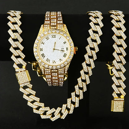 Men's Hip Hop Rhinestone Bling Watch Set with Waterfall Chain Bracelet & Necklace – Sparkling Quartz Watch Jewelry Set for Men, 3pc & 5pc, Perfect Holiday Gift