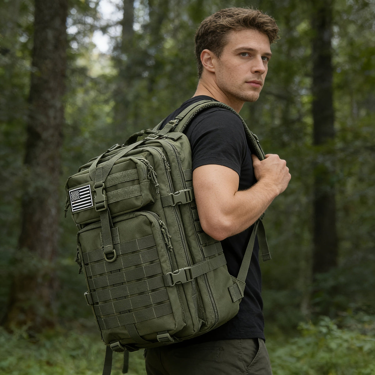 Tactical Hiking Backpack 45L 3-Day Rucksack – Multifunctional Camping Trekking Hunting Shoulder Bag with Zip Closure, Durable Sports Pack for Men and Women, Black Green Khaki