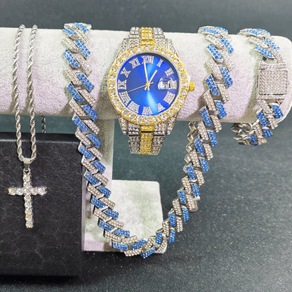 Luxury Cuban Link Jewelry Set for Men & Women – Necklace, Bracelet, Pendant & Wristwatch Full Set, Multiple Colors, Perfect Valentine’s Day, Christmas & Birthday Gift