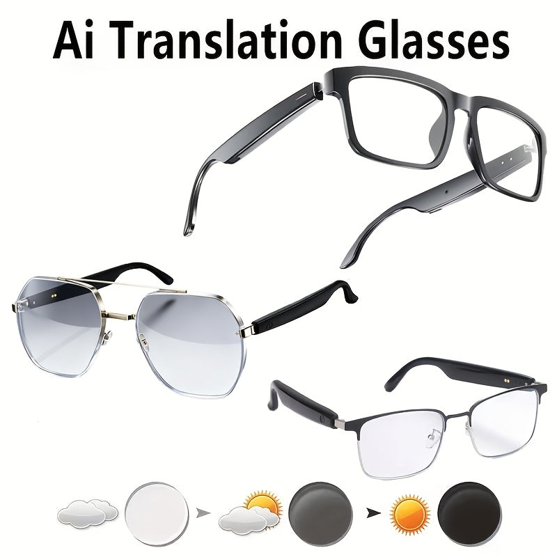AI Smart Glasses with 8MP HD Camera Touch Control ChatGPT Real-Time Translation Wireless Calling Blue Light Protection Noise Reduction Dual Mics Photochromic Lens for Cycling Driving Travel Office