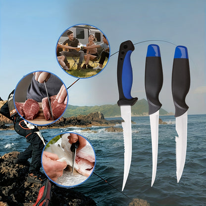 3 Piece Fishing Knife Set with Stainless Steel Blades, Fish Fillet Boning Gutting Knives with Cut Resistant Gloves, Fishing Line Cutter & Cord – Unique Fishing Gift for Anglers & Campers