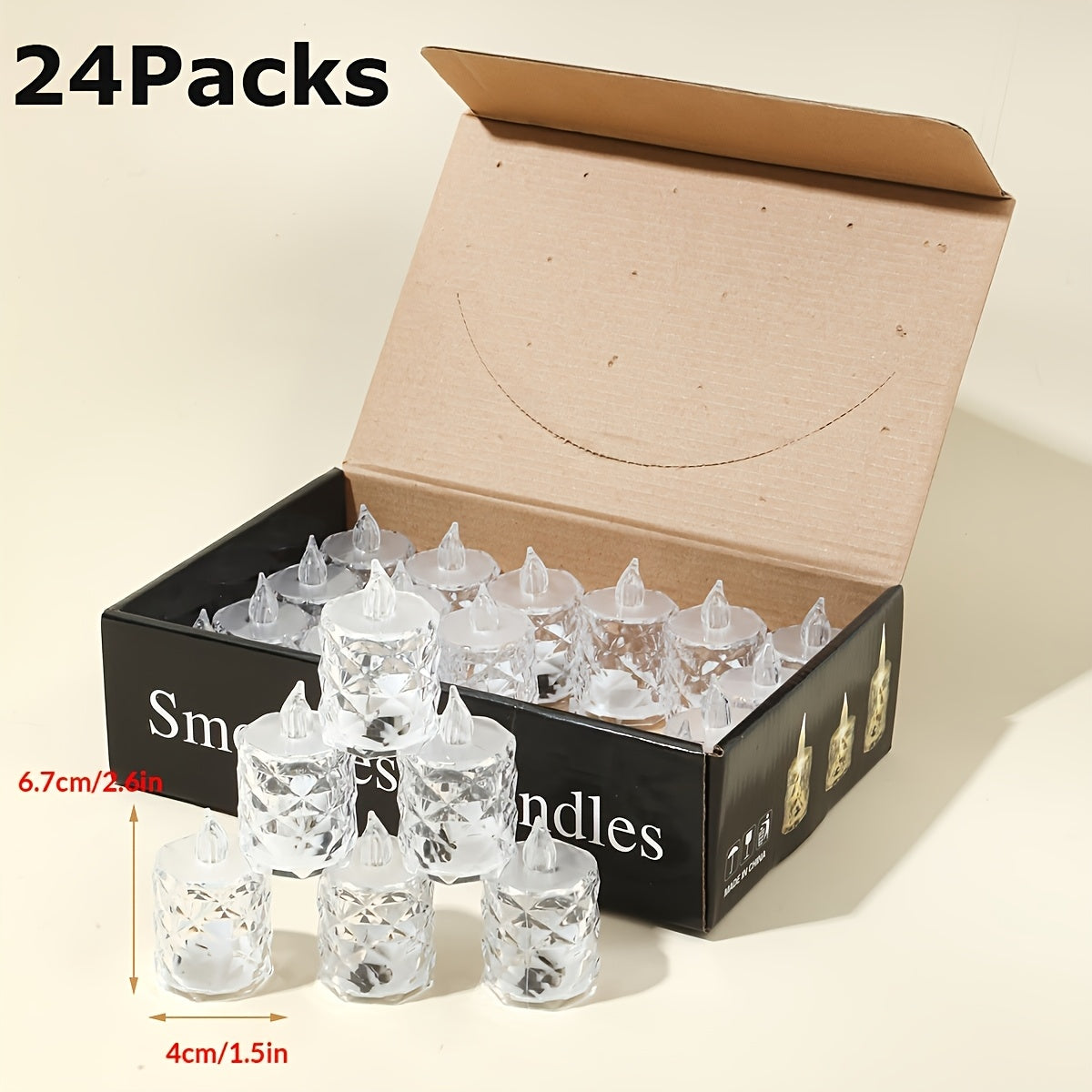 24pcs Crystal Pattern LED Flameless Candle Lights Battery Operated – Flickering Tea Light Set for Indoor Tabletop, Birthday, Wedding, Party & Festival Decoration – Safe Fireless Electronic Candles