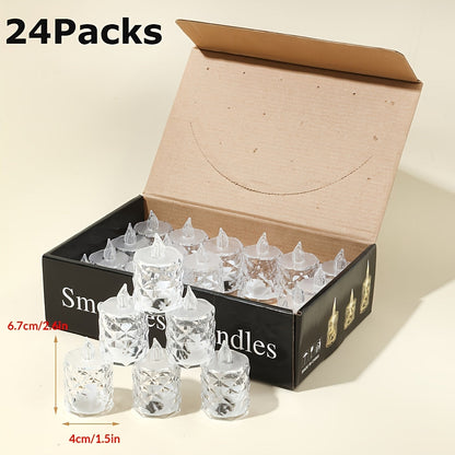24pcs Crystal Pattern LED Flameless Candle Lights Battery Operated – Flickering Tea Light Set for Indoor Tabletop, Birthday, Wedding, Party & Festival Decoration – Safe Fireless Electronic Candles