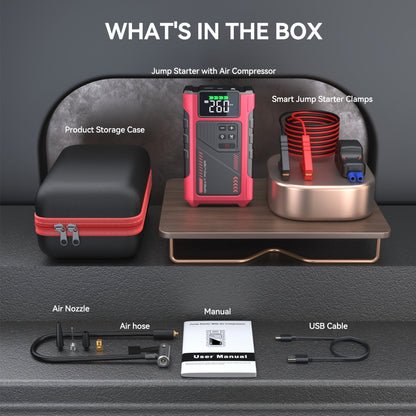 9-in-1 Portable Jump Starter with Air Compressor for 12V Car Up to 8.0L Gas 6.5L Diesel – Battery Booster Pack with Tire Inflator, USB Power Bank, LED Emergency Light & Roadside Kit