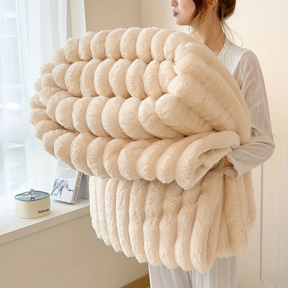 Fleece Throw Blanket Ultra-Soft 3D Faux Rabbit Fur Double-Sided – All-Season Cozy Blanket for Bed Sofa Travel Camping | 7 Colors 4 Sizes White Dark Gray Pink Khaki Purple Grey