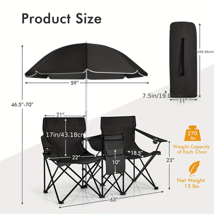 2-Person Folding Beach Chair Set with Umbrella, Table & Cooler Bag – Compact Collapsible Picnic Chair for Beach, Camping & Outdoor Outings, 270 lb Capacity Per Seat