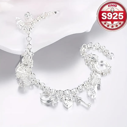925 Sterling Silver Charm Bracelet for Women - Vintage CZ Cubic Zirconia Inlay Lightweight 2.5g Elegant Wrist Jewelry for Daily Wear, Music Festivals, Birthday & Holiday Gifts