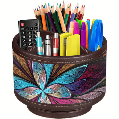 360° Swivel Pen Holder with 4 Compartments – PU Leather Rotating Desk Organizer for Office Supplies, Art Supplies, Remote Controls, Glasses & Accessories, Stylish Pencil Case Storage Box