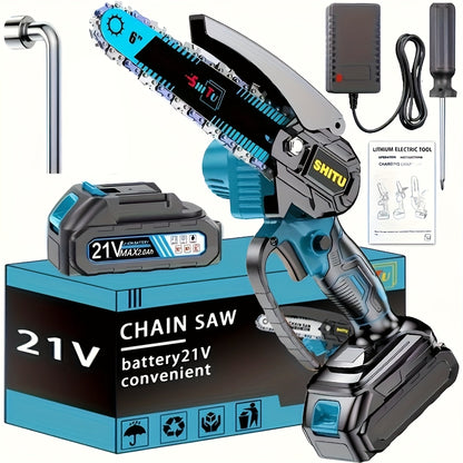 Mini Cordless Chainsaw Portable Handheld Electric Tree Cutter Splash Guard Security Lock Rechargeable for Garden Yard