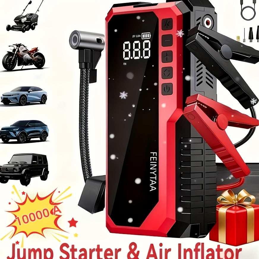 Jump Starter with Digital Tire Inflator 5000A/10000A Peak, Multi-Function Car Jump Box with Smart Battery Clamps LED Flashlight Power Bank, Emergency Kit for Car RV Motorcycle