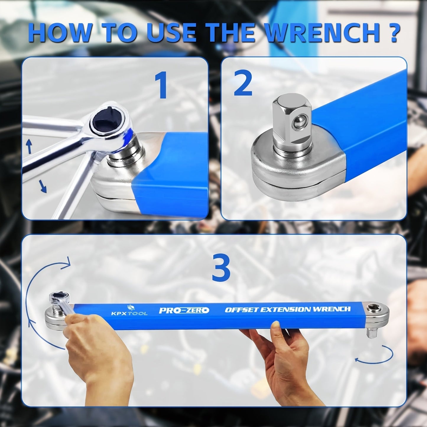 2-in-1 Ratchet Offset Extension Wrench 180° Swivel – 1/2", 1/4" & 3/8" Square Drive Adapters, High Torque Non-Slip Handle, Durable Metal for Automotive Repair, Tight Spaces & DIY Hand Tool Work