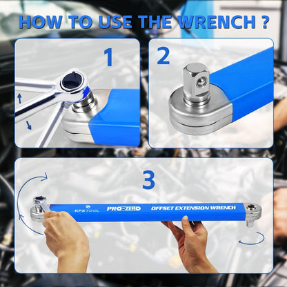 2-in-1 Ratchet Offset Extension Wrench 180° Swivel – 1/2", 1/4" & 3/8" Square Drive Adapters, High Torque Non-Slip Handle, Durable Metal for Automotive Repair, Tight Spaces & DIY Hand Tool Work