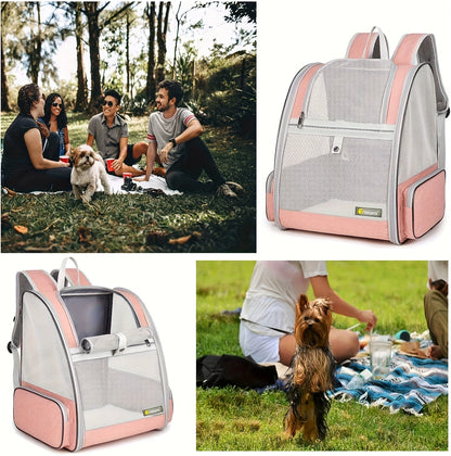 Foldable Ventilated Pet Carrier Backpack for Cats & Dogs – PVC Mesh Airflow, Chest Harness, Removable Mat, Fits Cats up to 18 lbs & Dogs up to 15 lbs, for Travel, Hiking, Flights & Car Rides