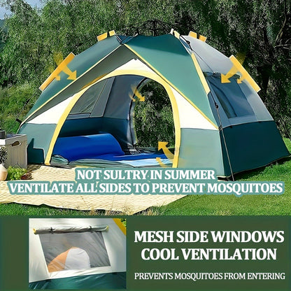 4-Person Pop-Up Camping Tent Instant Setup with UV Protection Insect Netting & Sunshade, Automatic Family Tent Dark Green for Beach Park Camping Hiking Outdoor Adventures, Sturdy Zipper & Support Pole