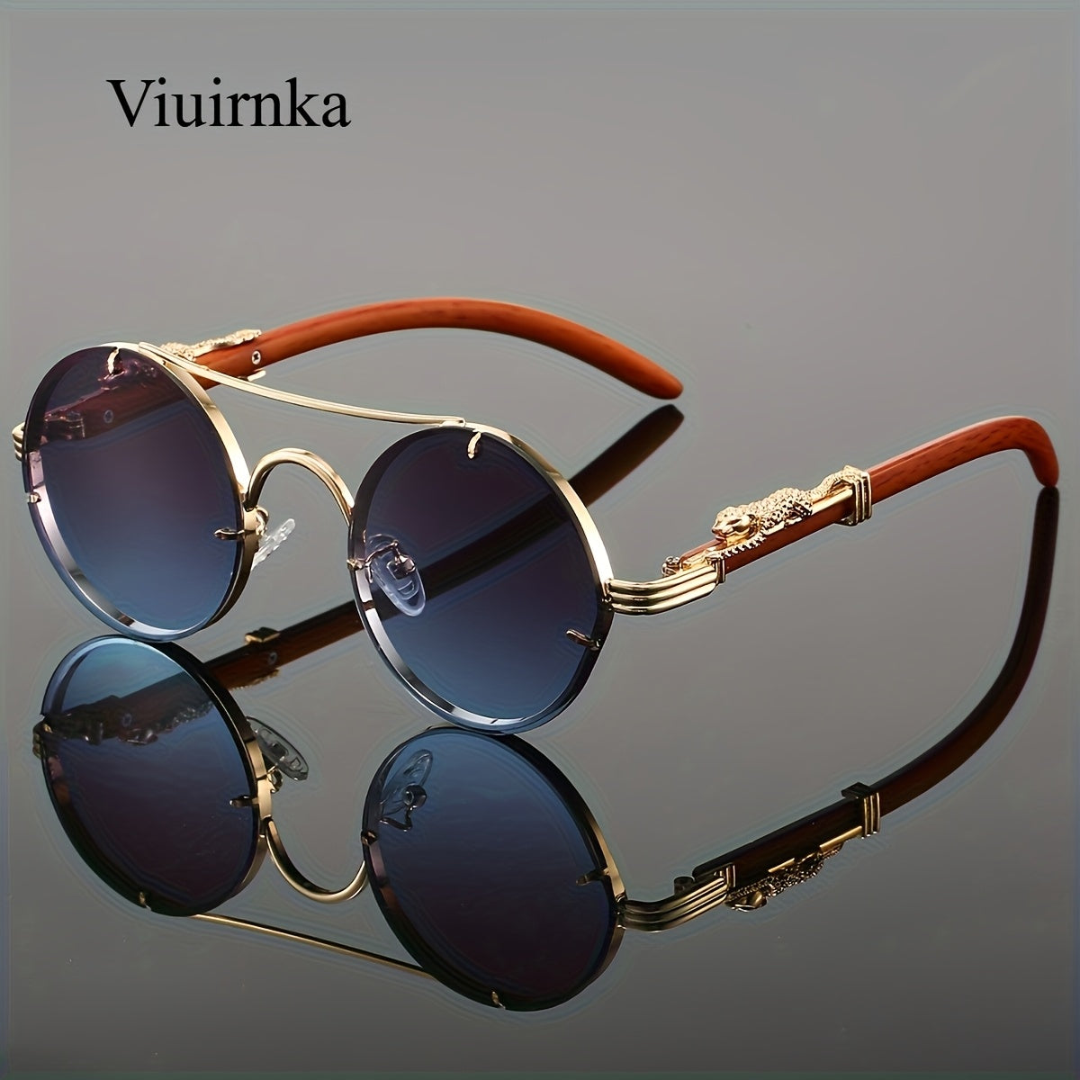 Round Metal Frame Sunglasses with Gradient PC Lenses Double Bridge Leopard Hinges Unisex Trendy Eyewear with Protection Case for Women and Men Vacation Street Style
