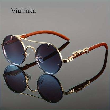Round Metal Frame Sunglasses with Gradient PC Lenses Double Bridge Leopard Hinges Unisex Trendy Eyewear with Protection Case for Women and Men Vacation Street Style