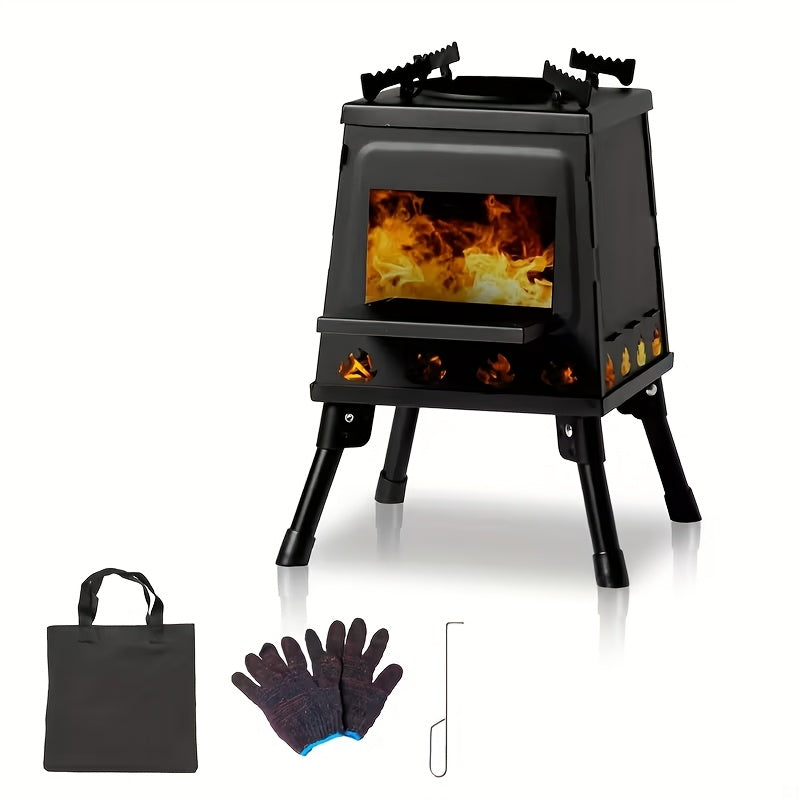 Heavy-Duty Wood Burning Camp Stove – Portable Outdoor Campfire Stove with Sturdy Legs & Air Vents, Firewood Compatible for Hiking, Backpacking, Picnic & BBQ, No Electricity or Flint Needed, Black