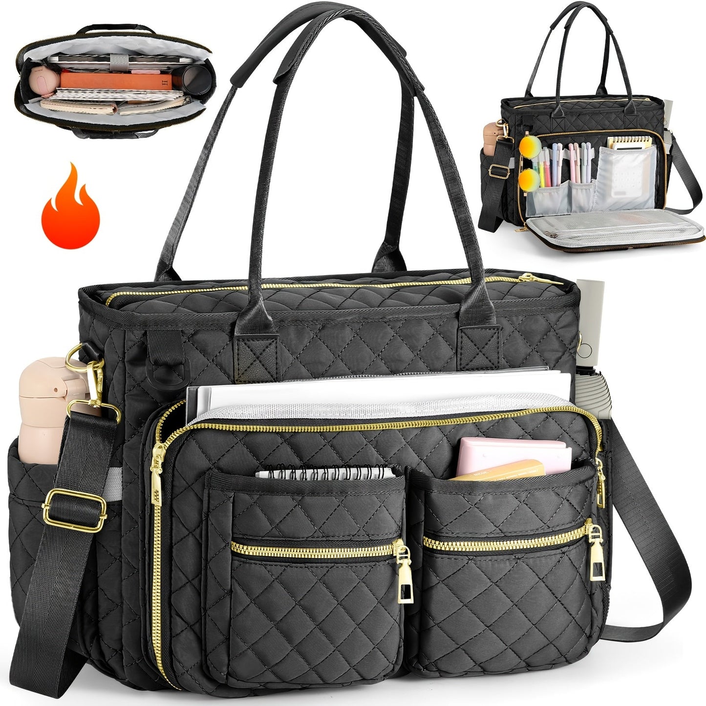 Women's Diamond Pattern Tote Bag – Multi-Compartment Laptop Work Bag, Wear-Resistant Commuter Teacher Bag, Stylish Professional Shoulder Bag for Office, School & Travel