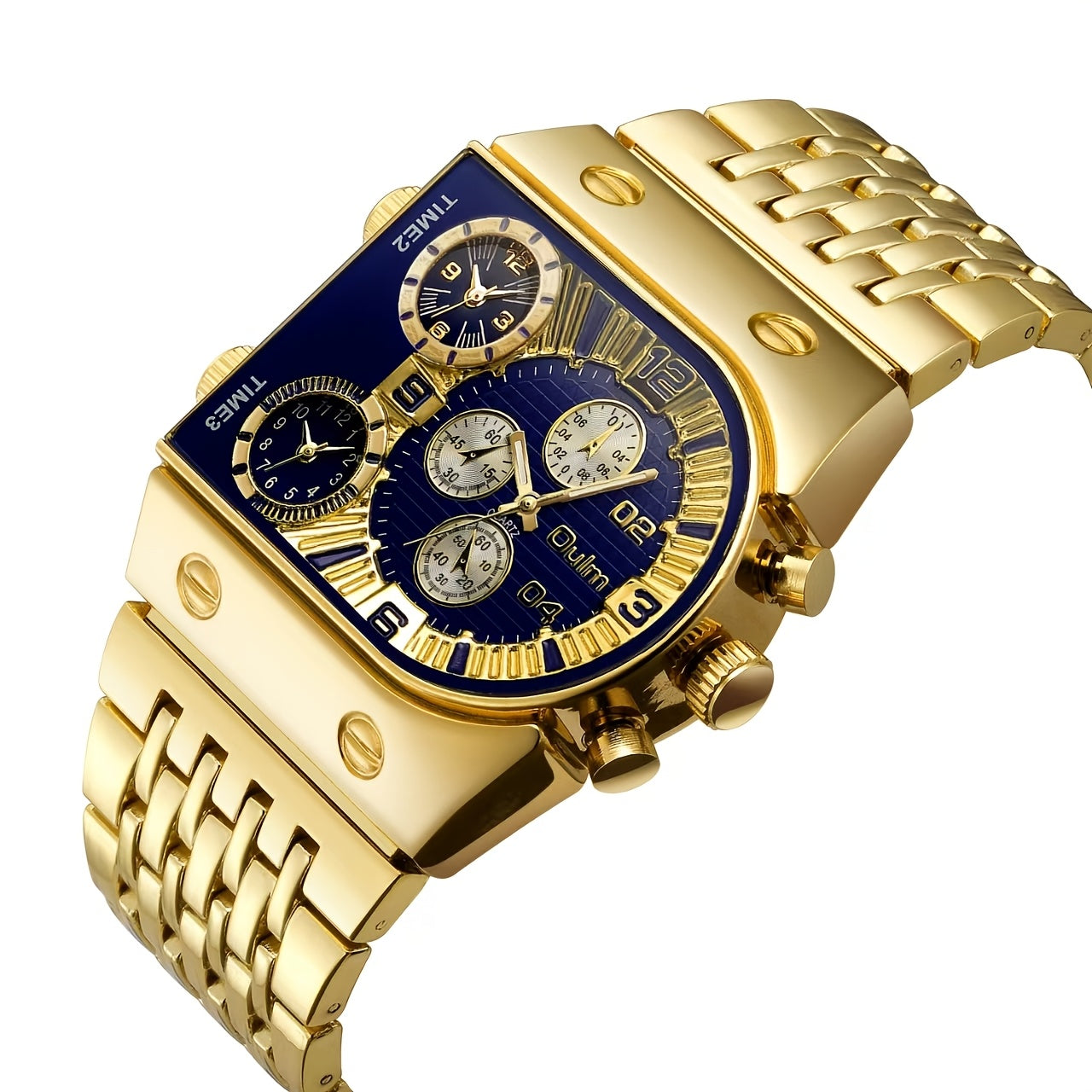 Oulm Men's Multi Time Zone Large Dial Stainless Steel Band Business Quartz Watch Dual Display Black Blue Gift for Him