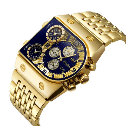 Oulm Men's Multi Time Zone Large Dial Stainless Steel Band Business Quartz Watch Dual Display Black Blue Gift for Him