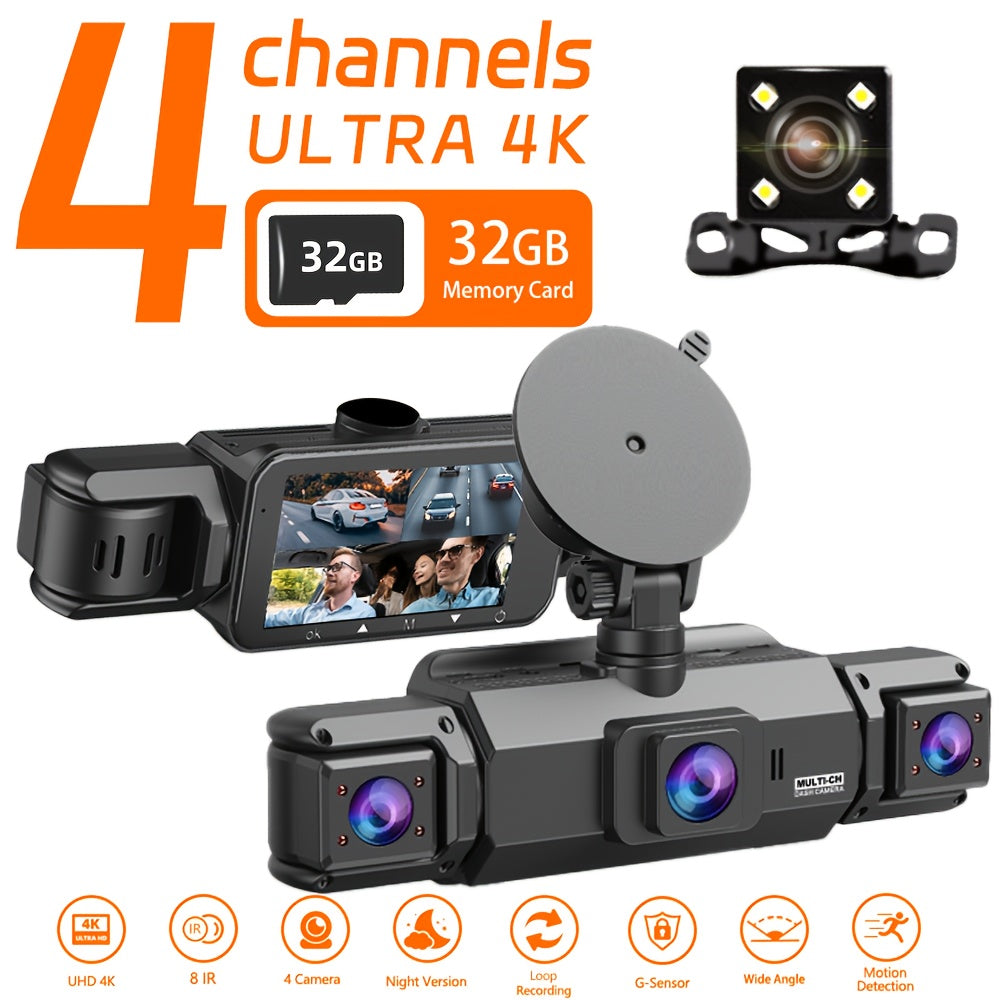 4K Dash Cam 360° Rotary 4-Channel Car DVR – Free 32GB SD Card, Night Vision, 24H Loop Recording, Parking Monitor, Front 4K + Rear Left Right 1080P, for Cars SUVs Trucks Rideshare