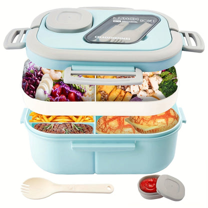 2-Layer Bento Lunch Box Set with Cup & Insulated Lunch Bag – Multi-Grid Leakproof Food Container for School, Office & Picnic, Choose Salad, Coffee, Milk or Soup Cup, Pink Green Blue White