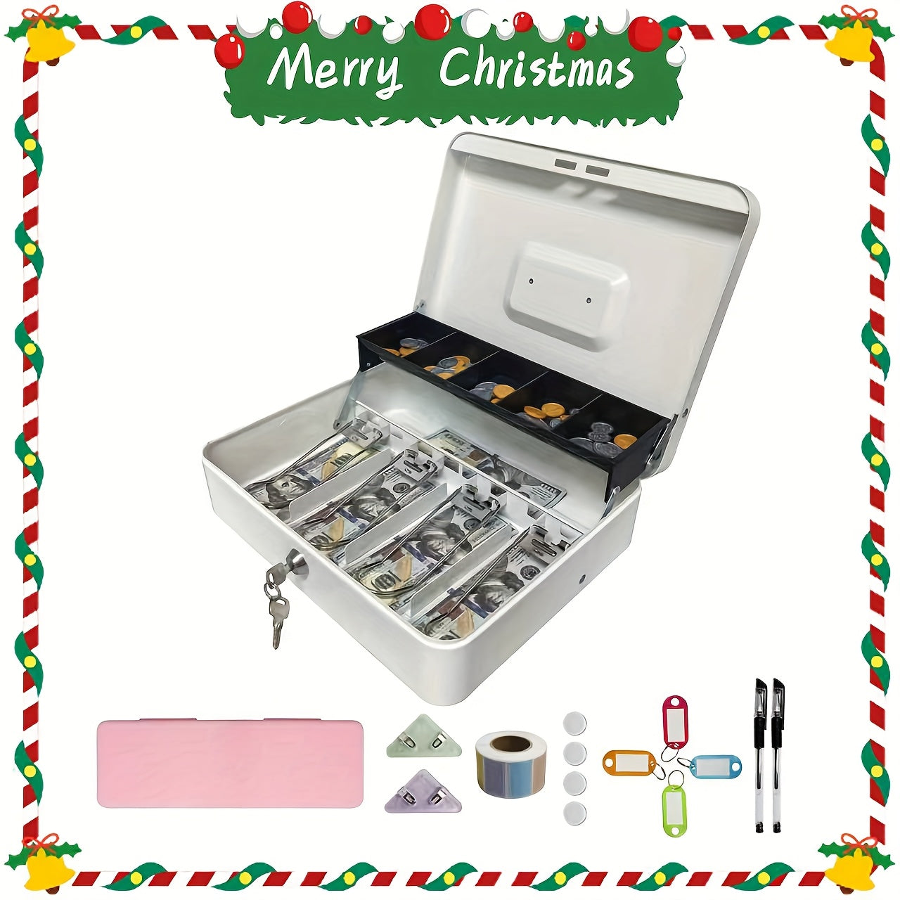 Large Locking Cash Box with Money Tray – Metal Security Box with 6 Accessories for Cash Register, Home, Office & Business, 6 Colors, Key Lock & Combination Lock Options