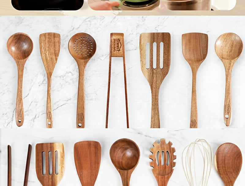 Wooden Kitchen Utensils Set 3/5/7 Piece, Natural Wood Spoons Spatulas Spurtle Ladle & Wok Spatula with Ergonomic Handles, Heat-Resistant Non-Stick Safe Heavy-Duty Cooking Tools for Home Kitchen
