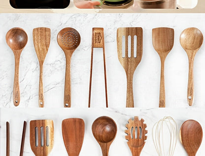 Wooden Kitchen Utensils Set 3/5/7 Piece, Natural Wood Spoons Spatulas Spurtle Ladle & Wok Spatula with Ergonomic Handles, Heat-Resistant Non-Stick Safe Heavy-Duty Cooking Tools for Home Kitchen