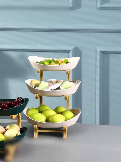 2-3 Tier Fruit Bowl Stand Kitchen Counter Organizer | Tiered Fruit Basket Bread Tray Candy Display | Space-Saving Countertop Storage | Easy Assembly | White Green | Birthday Housewarming Gift