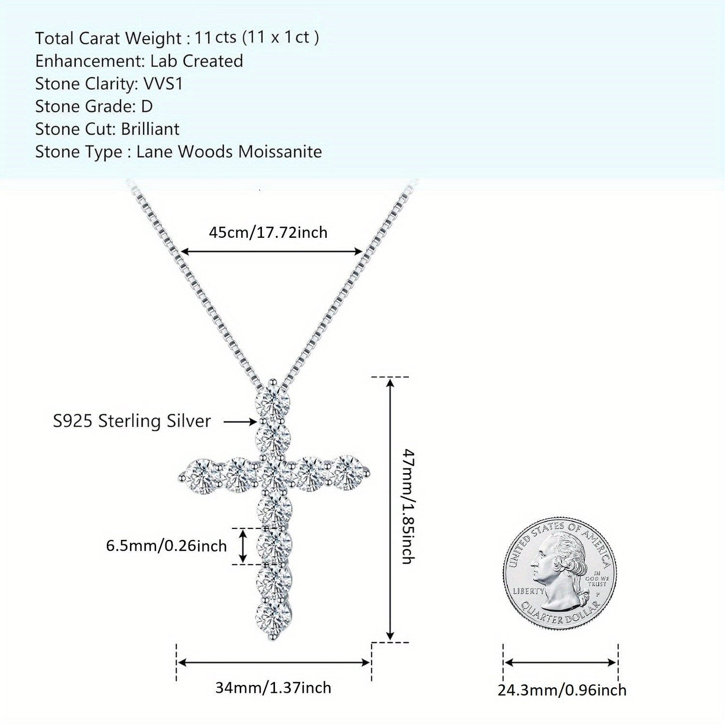 Moissanite Cross Necklace 925 Sterling Silver 11ct Brilliant Cut Pendant Necklace for Women - Luxury Hypoallergenic Religious Jewelry Gift for Her Valentine's Day Christmas