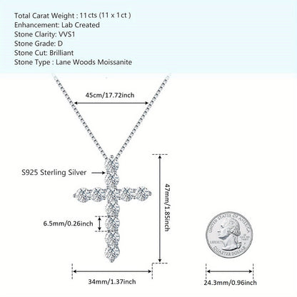 Moissanite Cross Necklace 925 Sterling Silver 11ct Brilliant Cut Pendant Necklace for Women - Luxury Hypoallergenic Religious Jewelry Gift for Her Valentine's Day Christmas
