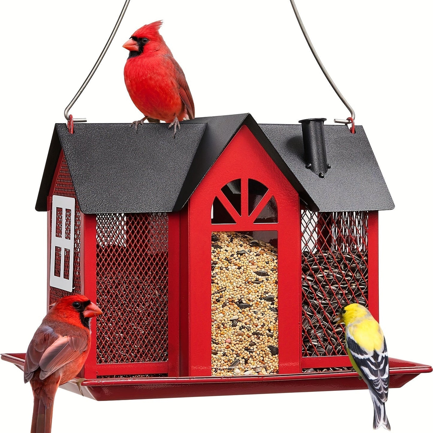 Wild Bird Feeder House for Outside with Triple Feeding Stations – Metal Mesh Weatherproof Bird Feeder for Finch, Cardinal & Chickadee, Large Capacity Outdoor Hanging Bird Feeder, Gift for Bird Lovers