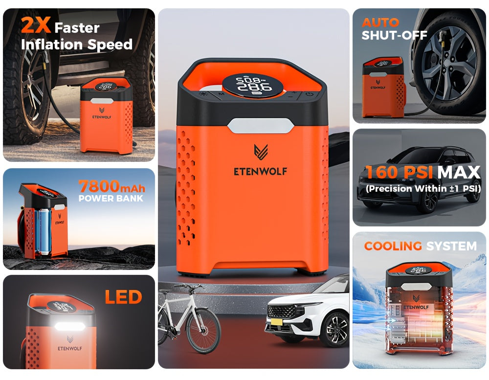 Portable Tire Inflator Air Compressor – 1-Min Fast Inflation, 100% Duty Cycle, USB Rechargeable, Digital Display, Heavy Duty for Car Tires, Bikes & Balls