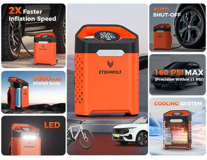 Portable Tire Inflator Air Compressor – 1-Min Fast Inflation, 100% Duty Cycle, USB Rechargeable, Digital Display, Heavy Duty for Car Tires, Bikes & Balls