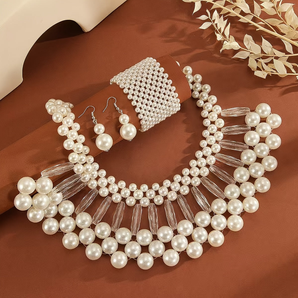 Bohemian Faux Pearl Tassel Necklace and Earrings Set Multi-Layered Handmade Bridal Jewelry Beaded Elegant Wedding Accessories Gift for Her